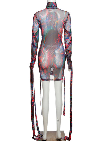 Mock Neck Long Sleeve Abstract Print Mesh Wrap Strap Bodycon Mini Dress