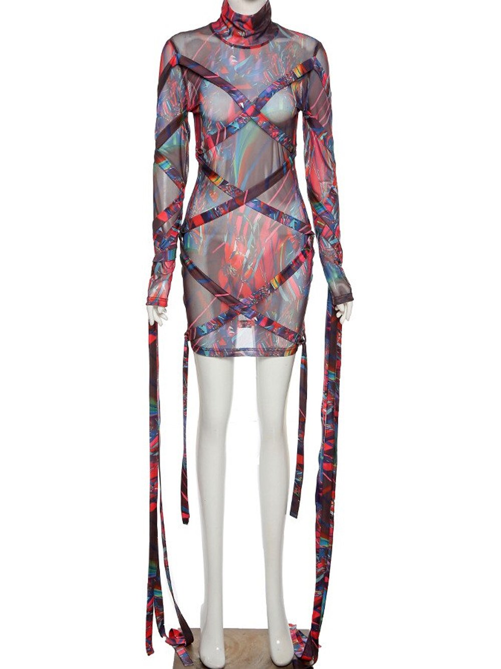Mock Neck Long Sleeve Abstract Print Mesh Wrap Strap Bodycon Mini Dress