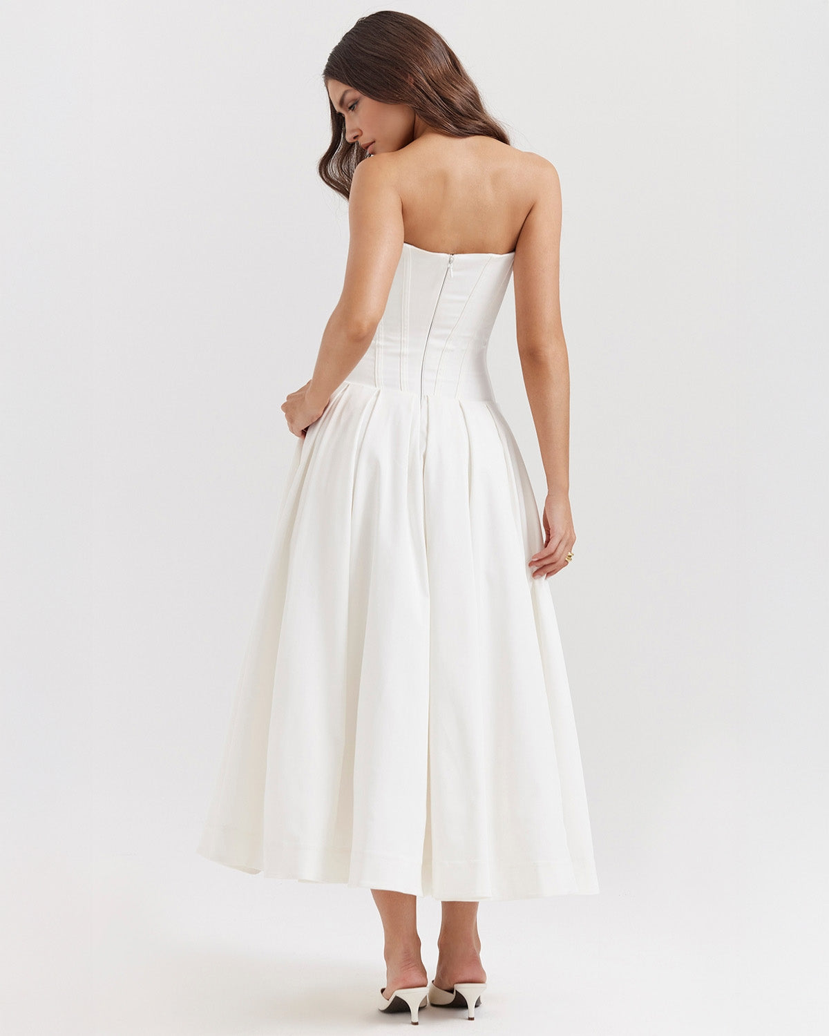 Strapless Corset Sweetheart Neckline Box Pleat A-Line Midi Dress