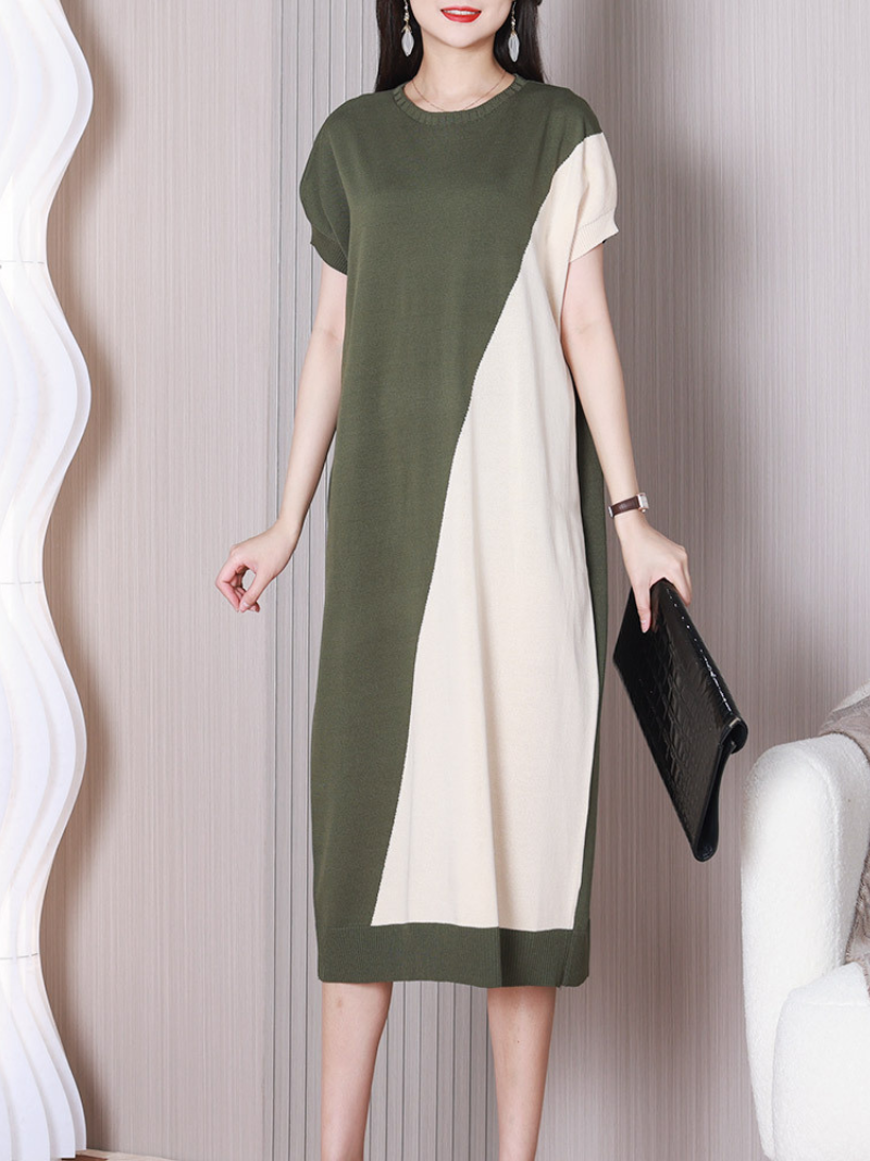 Crew Neck Short Sleeve Diagonal Color Block Knit Midi Dress