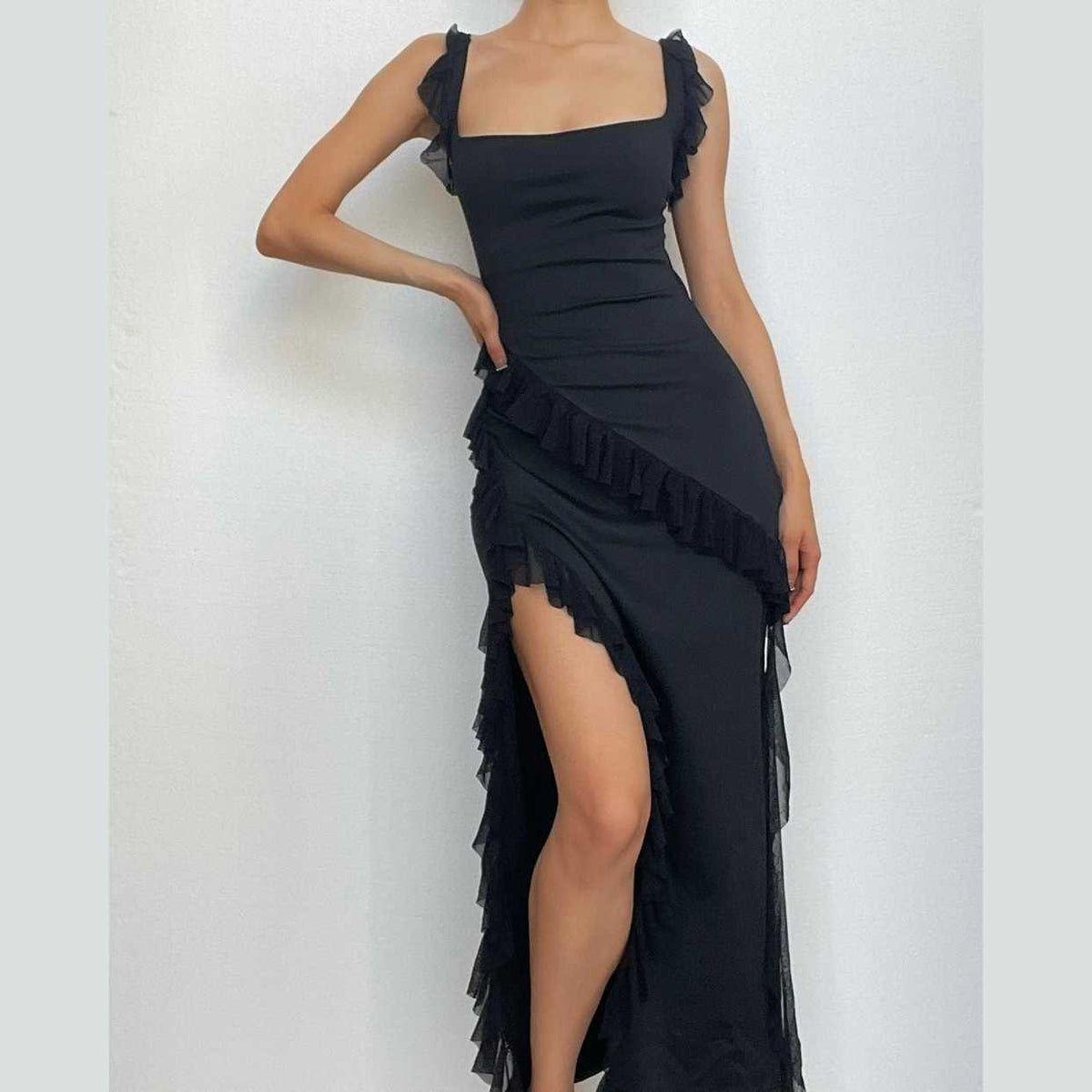 Square Neck Ruffle Strap Ruched High Slit Asymmetrical Ruffle Trim Maxi Dress