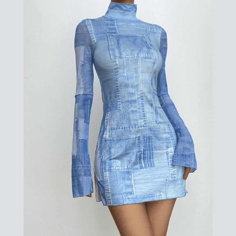 Denim Patchwork Print Mock Neck Extra Long Sleeve Mesh Mini Dress