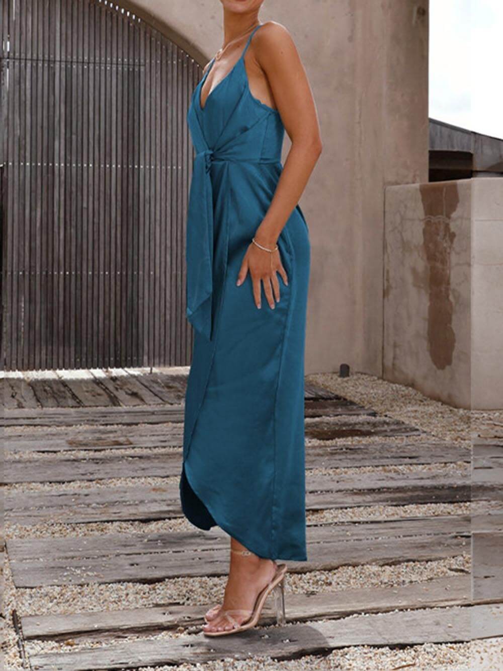 Spaghetti Strap Wrap Front Knot Waist Tulip Hem Midi Dress