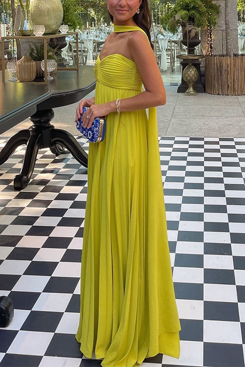 Strapless Back Lace-up Pleated Maxi Dress