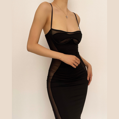 Spaghetti Strap Bustier Mesh Panel Side Insert Bodycon Midi Dress
