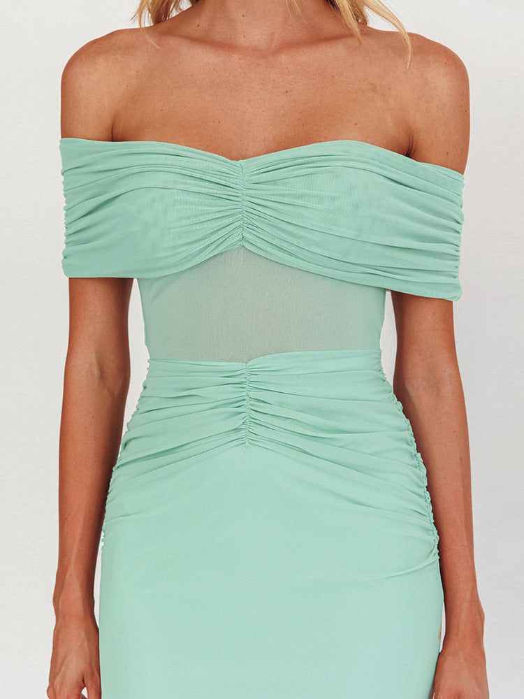 Off Shoulder Mesh Midriff Panel Ruched Waist Column Maxi Dress