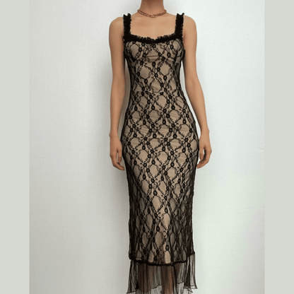 Square Neck Lace Overlay Ruffle Hem Sleeveless Midi Dress