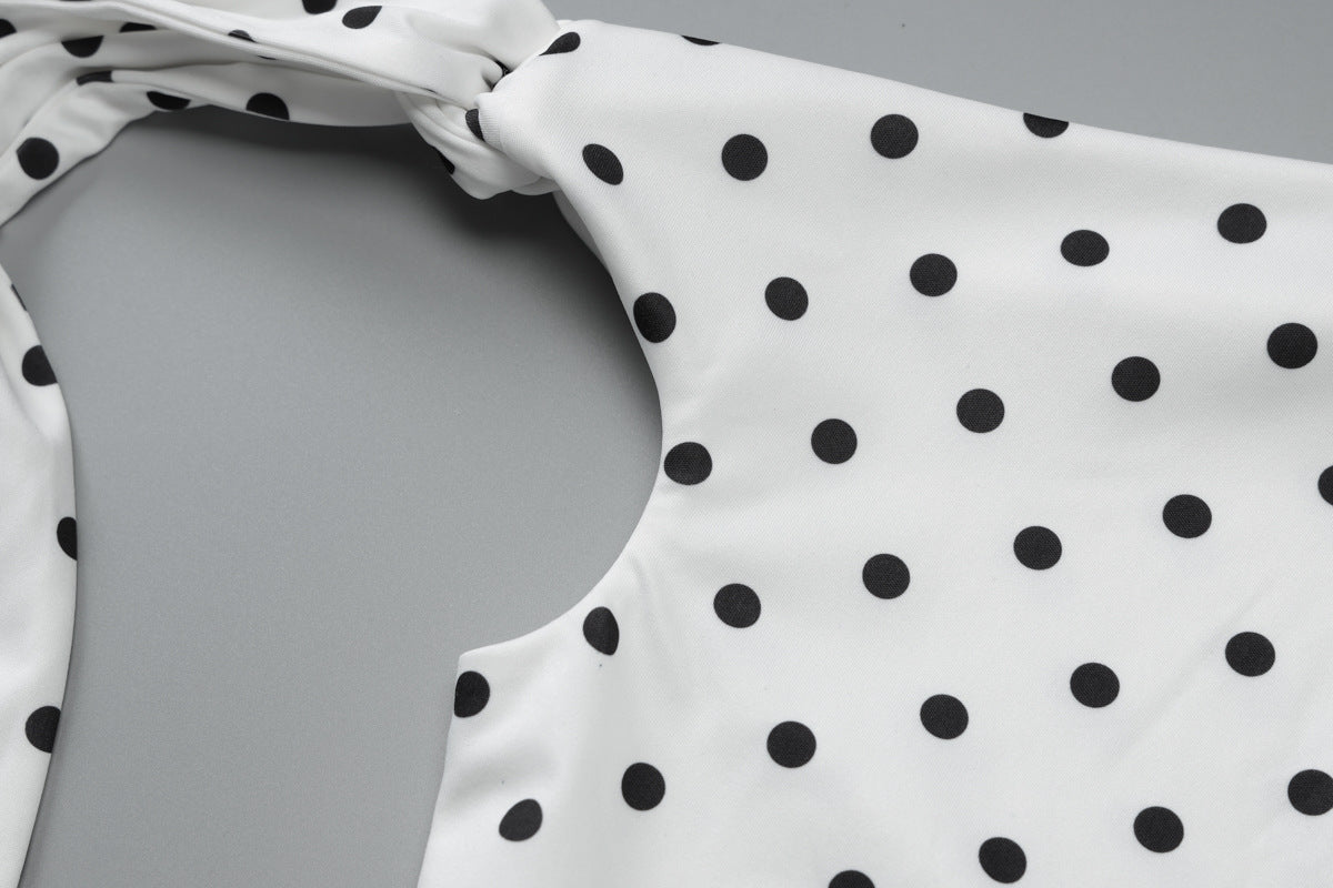 One Shoulder Tie Bow Sleeve Polka Dot Bodycon Mini Dress