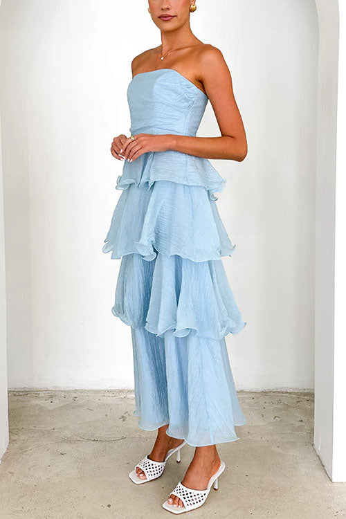 Strapless Empire Waist Ruffle Layered Maxi Dress