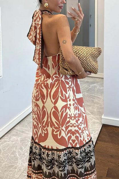 Criss Cross Halter Open Back Printed Maxi Vacation Dress