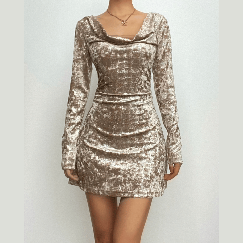 Cowl Neck Cutout Long Sleeve Velvet Mini Dress