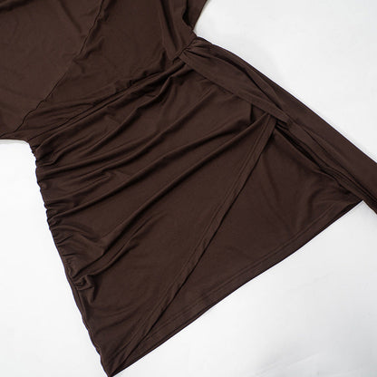 Mock Neck Long Sleeve Metal Cuff Ruched Drape Mini Dress