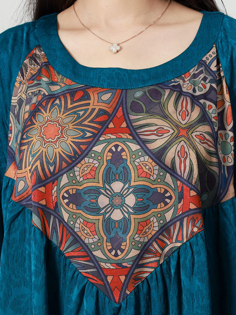 Scoop Neck Embroidered Medallion Roll Tab Sleeve Maxi Kaftan Dress