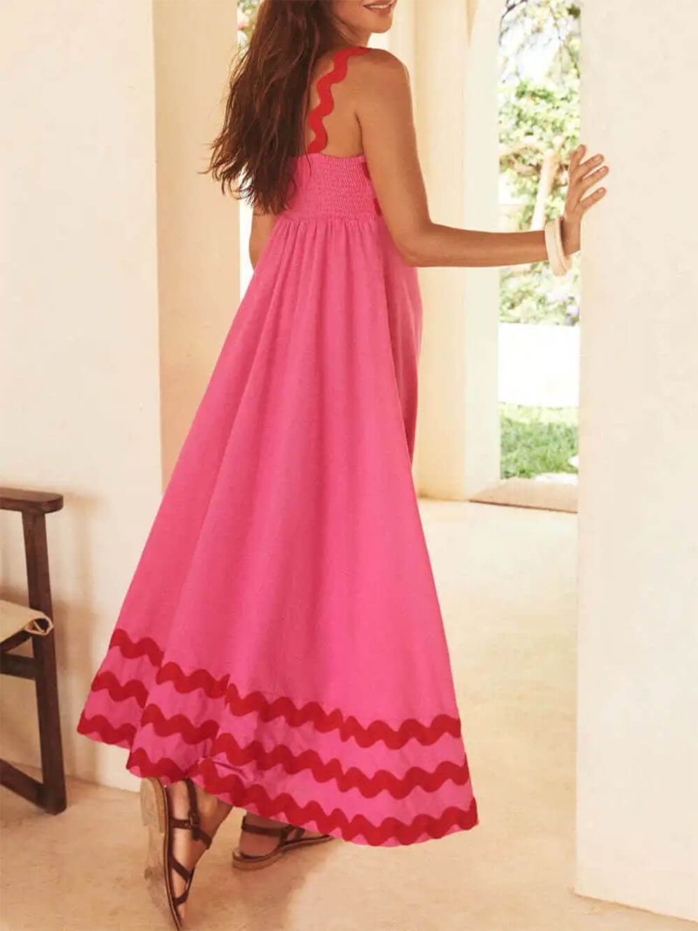 Ric Rac Trim Square Neck Spaghetti Strap Maxi Dress