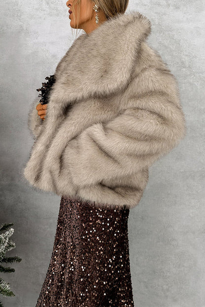 Collared Open Front Winter Faux Fur Coat