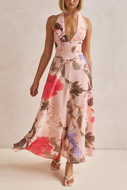 Halter V Neck Lace-up Floral Print Swing Maxi Dress