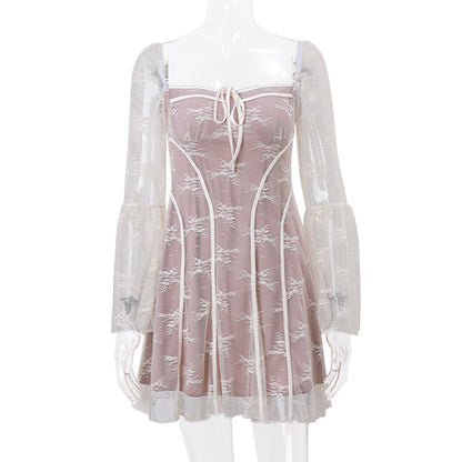 Floral Lace Overlay Square Neck Tie Front Bell Sleeve Mini Dress