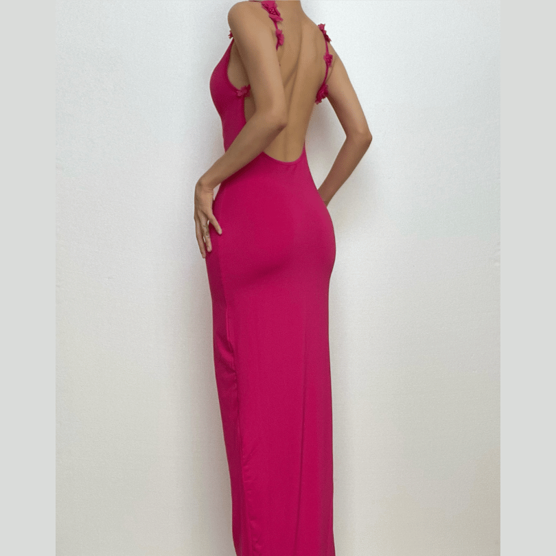 Spaghetti Strap Rosette Applique Open Back Bodycon Maxi Dress