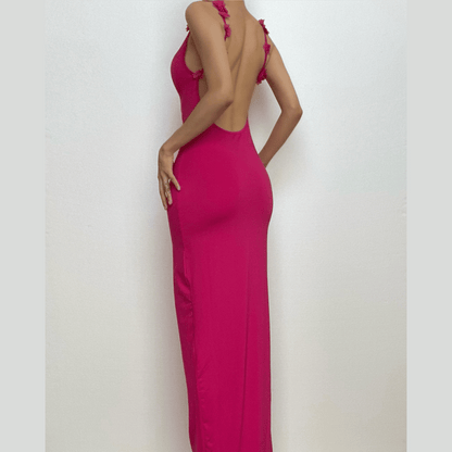Spaghetti Strap Rosette Applique Open Back Bodycon Maxi Dress