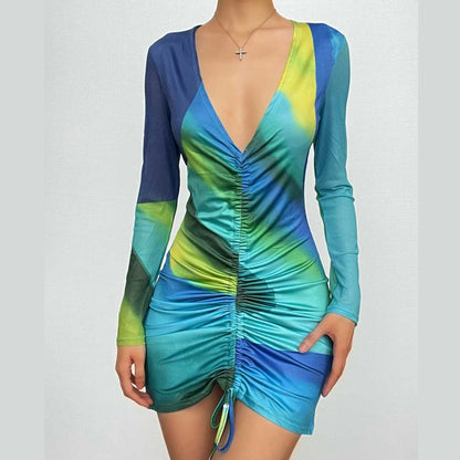 Deep V Neck Front Ruching Drawstring Tie Abstract Print Mini Dress