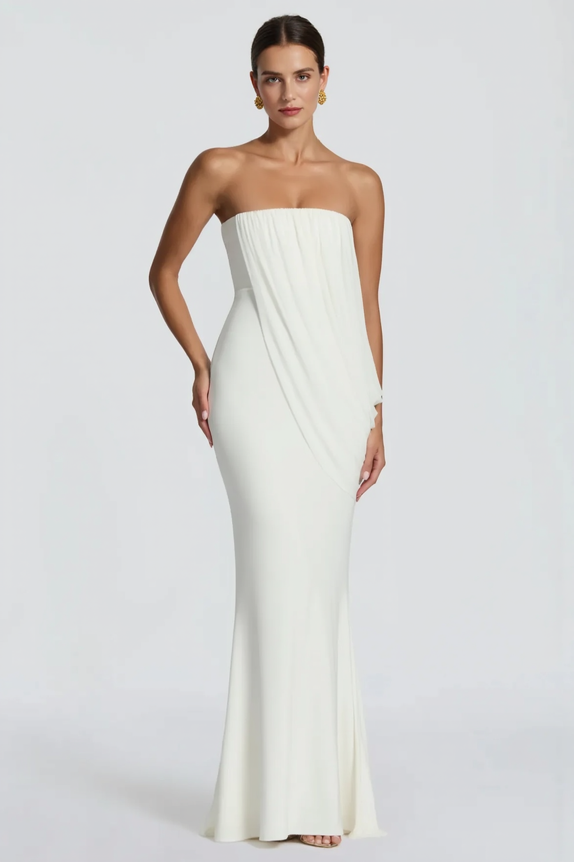 Strapless Diagonal Drape Panel Pleated Overlay Column Maxi Gown