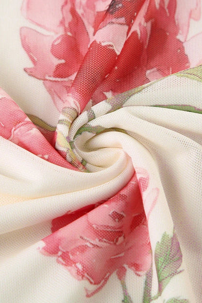Large Floral Print Ruffle Trim Tie-Front Spaghetti Strap Chiffon Midi Dress