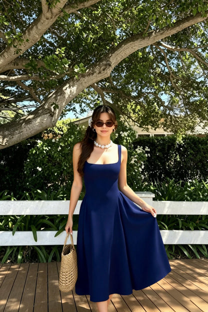 Square Neck Wide Strap Fitted Bodice A-Line Midi Dress