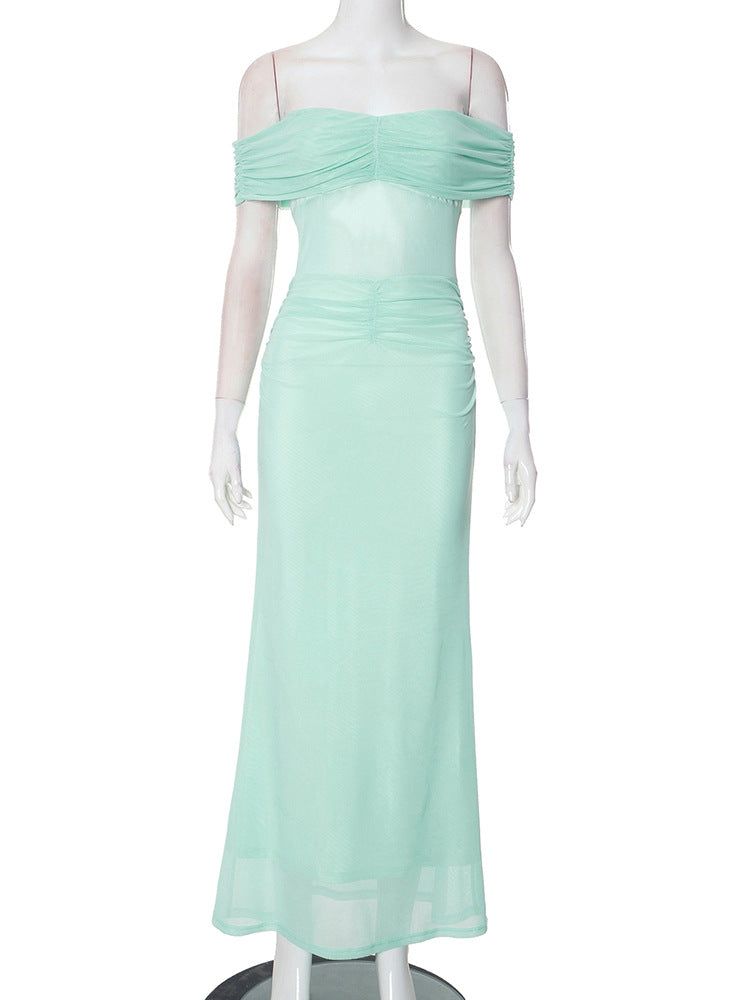 Off Shoulder Mesh Midriff Panel Ruched Waist Column Maxi Dress
