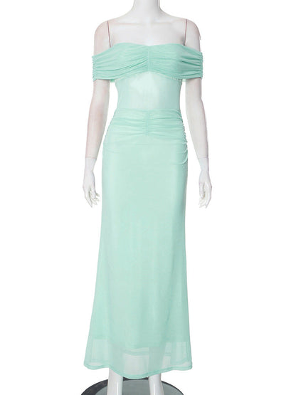 Off Shoulder Mesh Midriff Panel Ruched Waist Column Maxi Dress