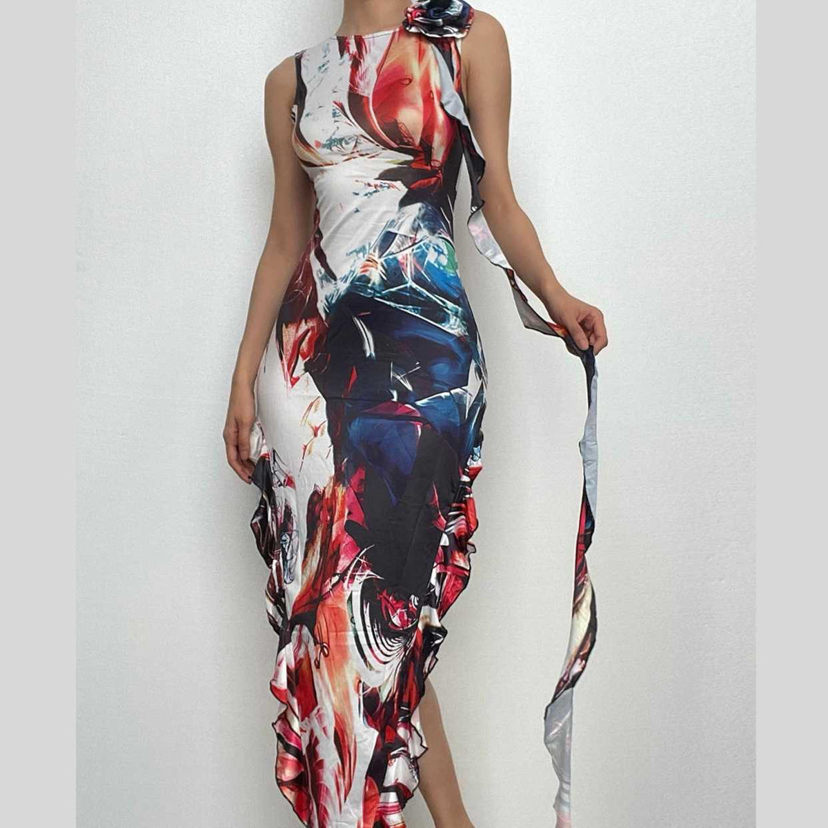 Round Neck Abstract Print Flower Applique Ribbon Sash Ruched Maxi Dress