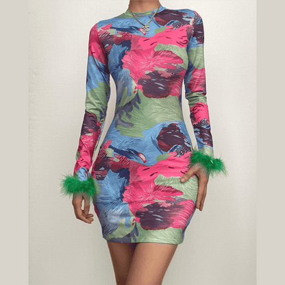 Crew Neck Long Sleeve Abstract Brushstroke Print Feather Cuff Mini Dress