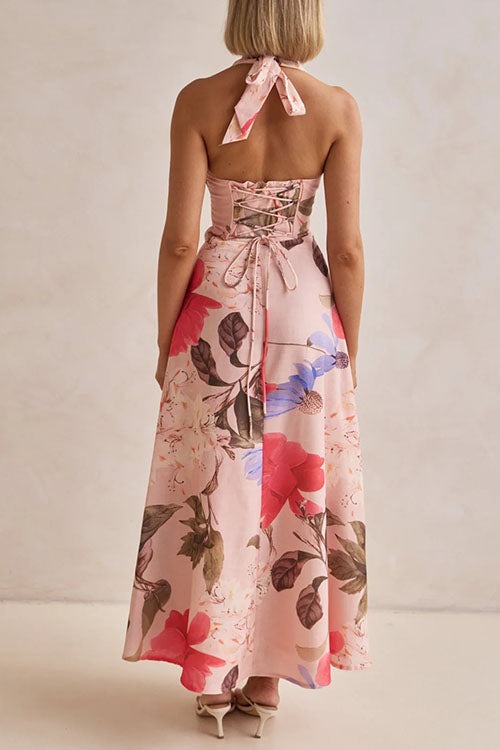 Halter V Neck Lace-up Floral Print Swing Maxi Dress