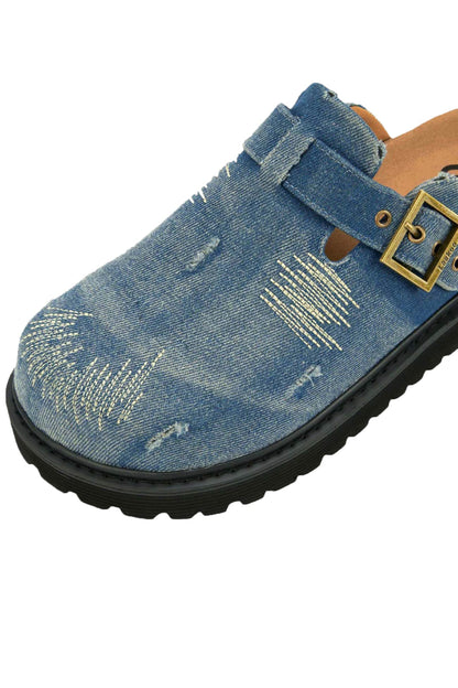 Distressed Denim Closed-toe Slip-on Flat