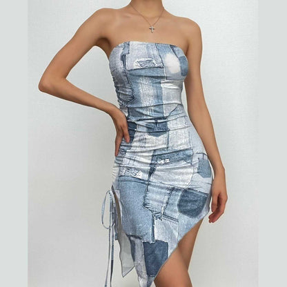 Strapless Denim Patchwork Ruched Drawstring Asymmetric Hem Mini Dress