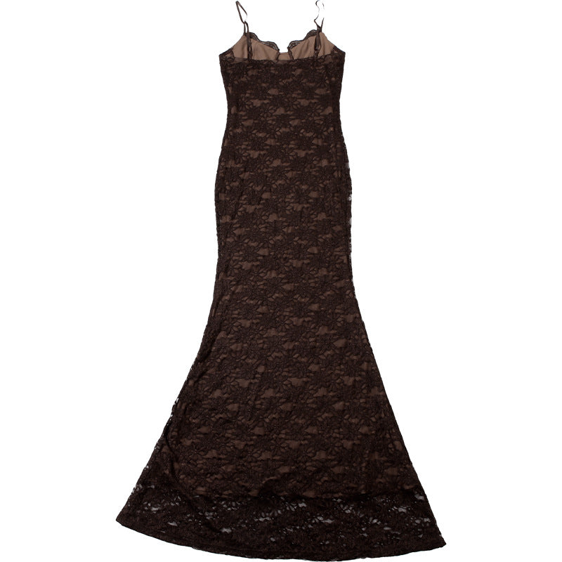Sweetheart Lace Bustier Spaghetti Strap Mermaid Maxi Dress
