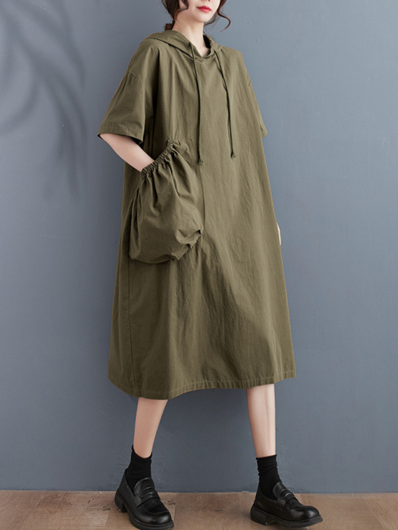 Hooded Drawstring Pouch Pocket Oversized Midi Sweatshirt Dress