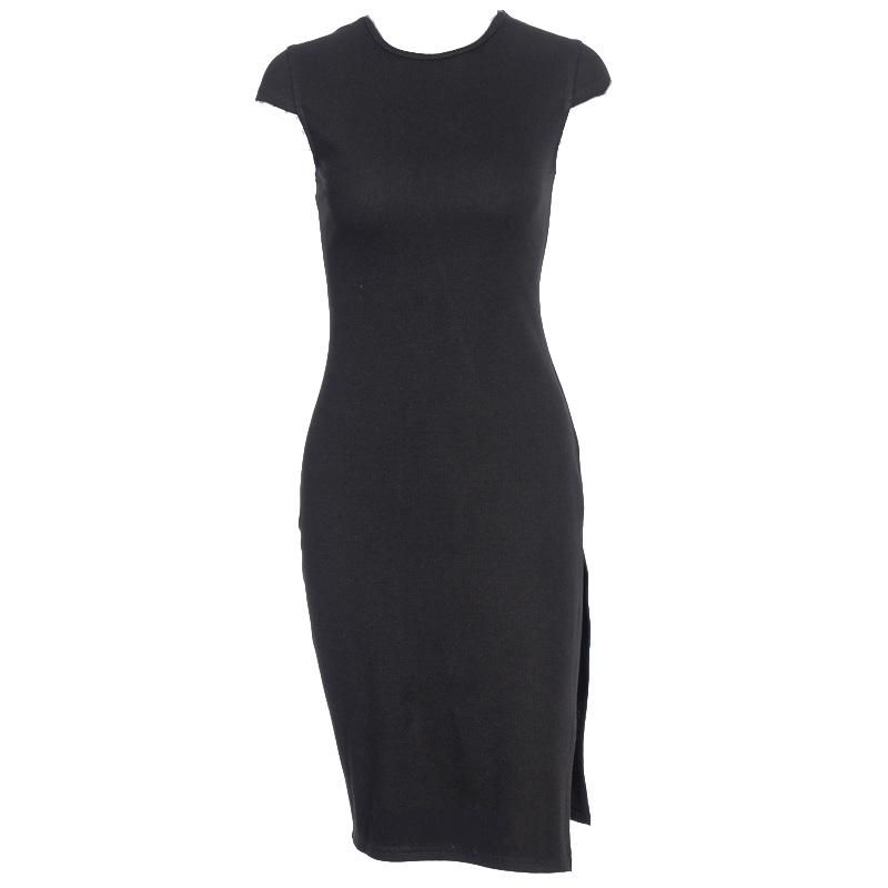 Rib Knit Crew Neck Sleeveless High Slit Bodycon Midi Dress