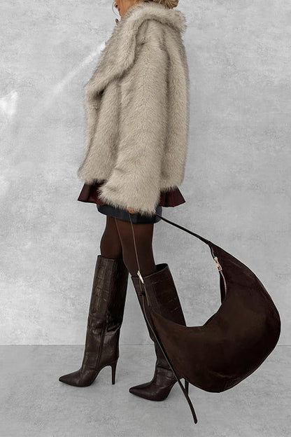 Collared Open Front Winter Faux Fur Coat