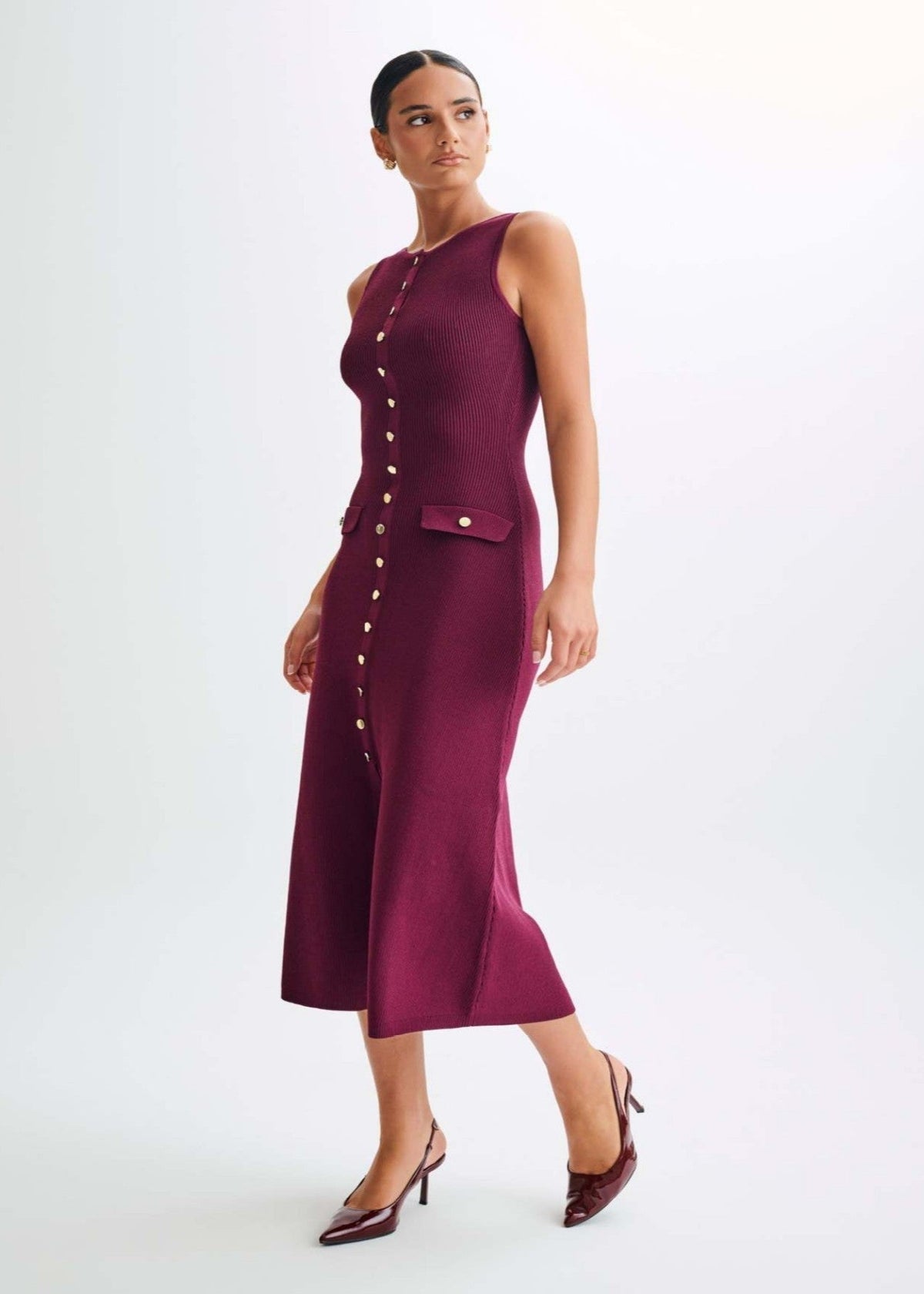 Rib Knit Sleeveless Button Front Flap Pocket Midi Dress