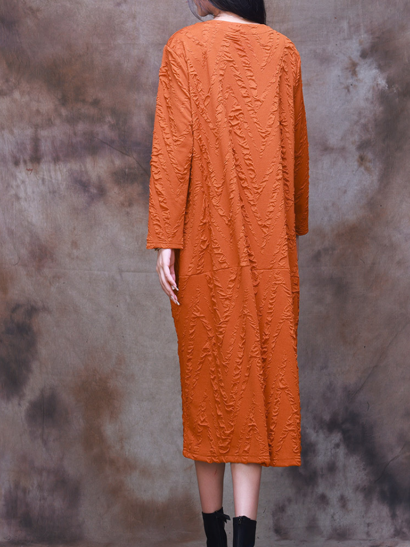 V Neck Long Sleeve Chevron Crinkle Texture Patch Pocket Midi Dress