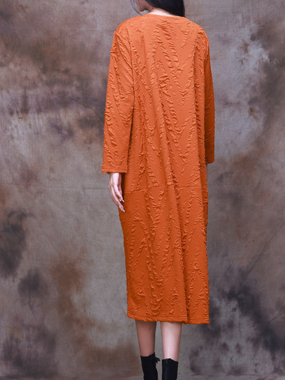 V Neck Long Sleeve Chevron Crinkle Texture Patch Pocket Midi Dress
