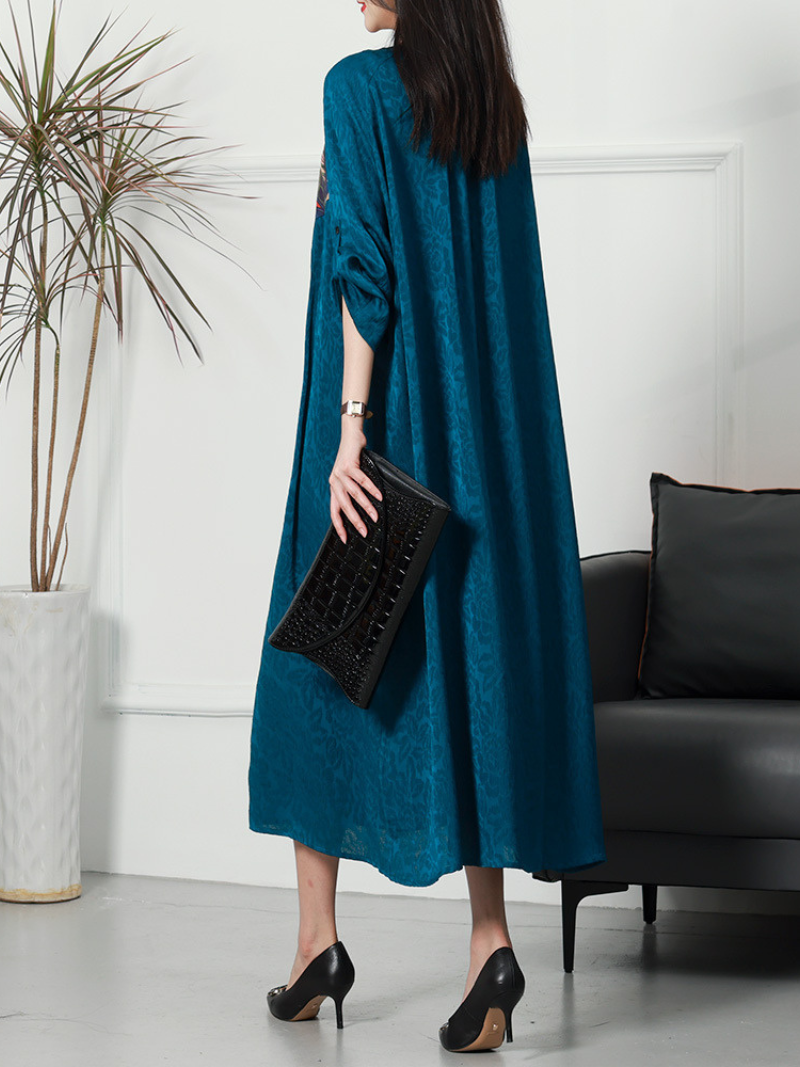 Scoop Neck Embroidered Medallion Roll Tab Sleeve Maxi Kaftan Dress