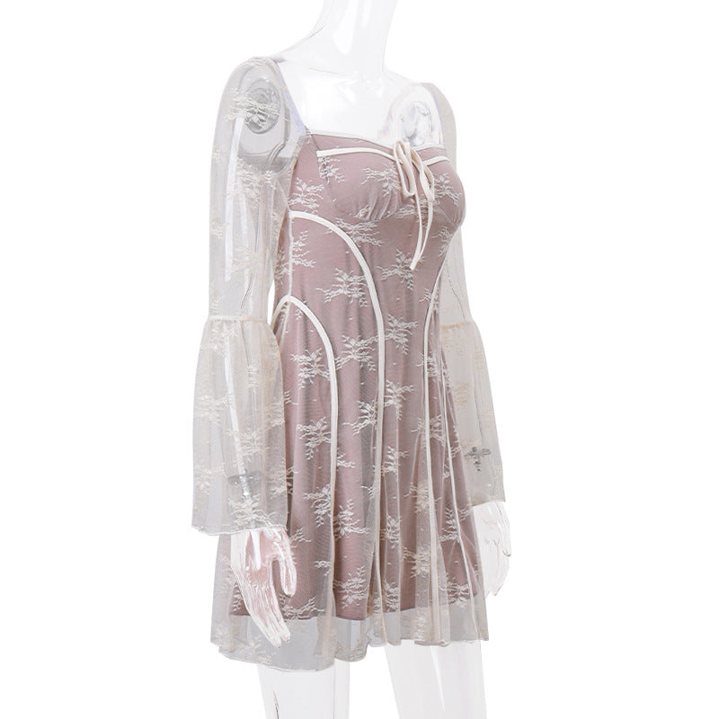 Floral Lace Overlay Square Neck Tie Front Bell Sleeve Mini Dress