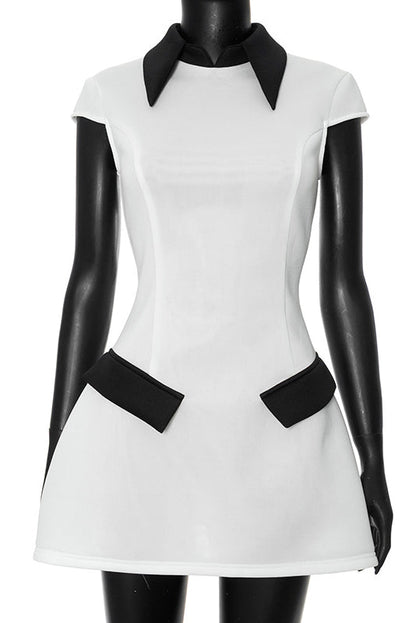 Contrast Point Collar Cap Sleeve Flap Detail Mini Dress