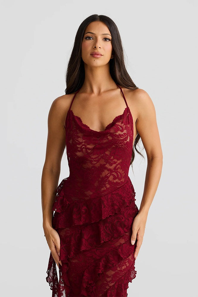 Cowl Halter Lace Cascade Ruffle Maxi Dress