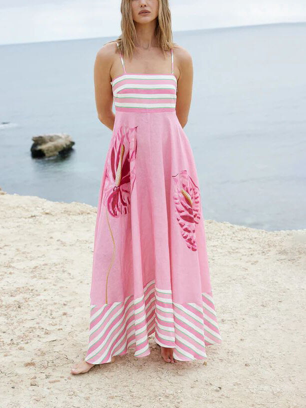 Paneled Stripe Floral Print Spaghetti Strap Square Neck A-Line Maxi Dress