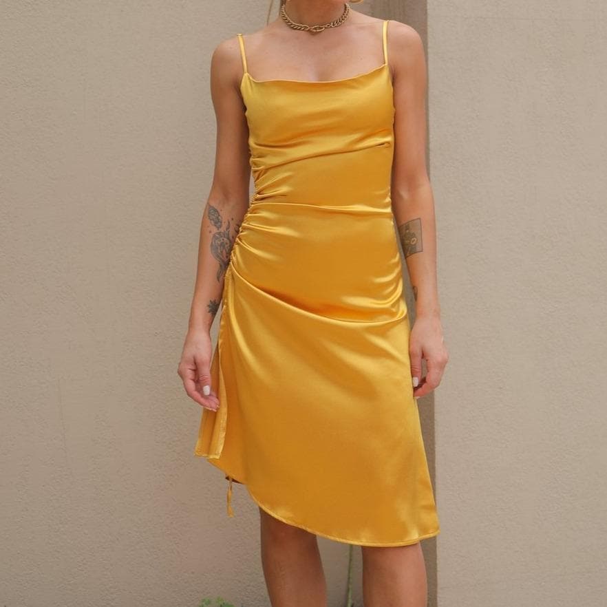 Cowl Neck Spaghetti Strap Side Ruched Drawstring Midi Slip Dress