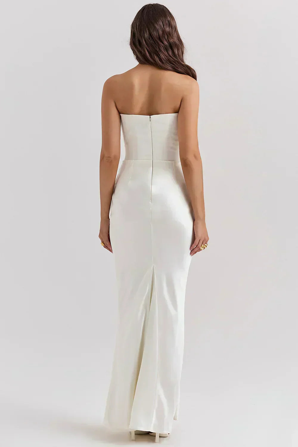Strapless Pointed Neckline Hip Ruched Column Maxi Gown