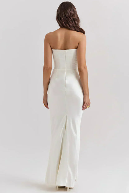 Strapless Pointed Neckline Hip Ruched Column Maxi Gown