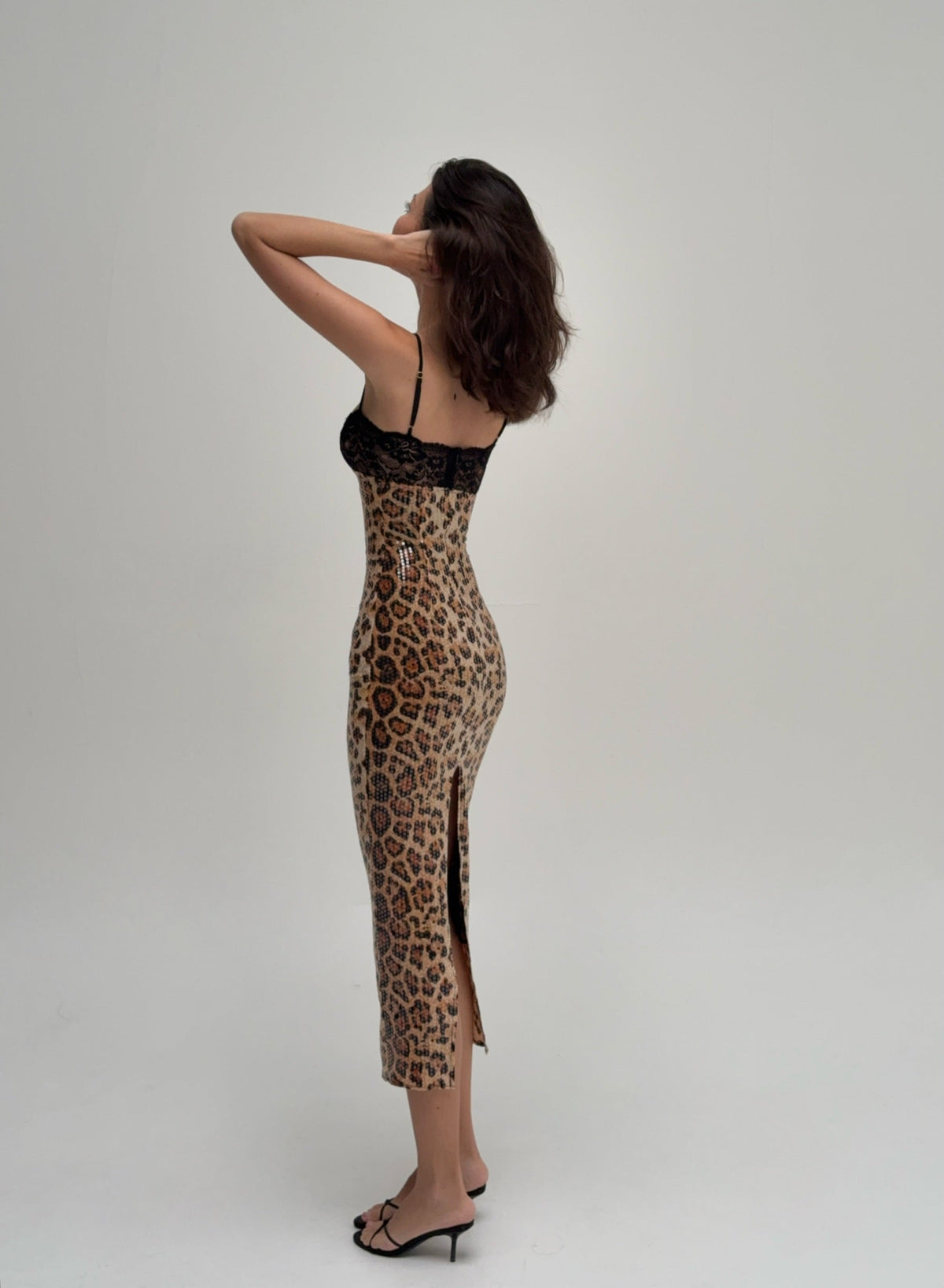 Square Neck Lace Trim Print Rib Knit Bodycon Midi Dress